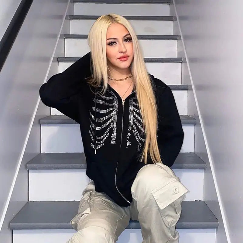 Y2K Rhinestone Skeleton Zip-Up