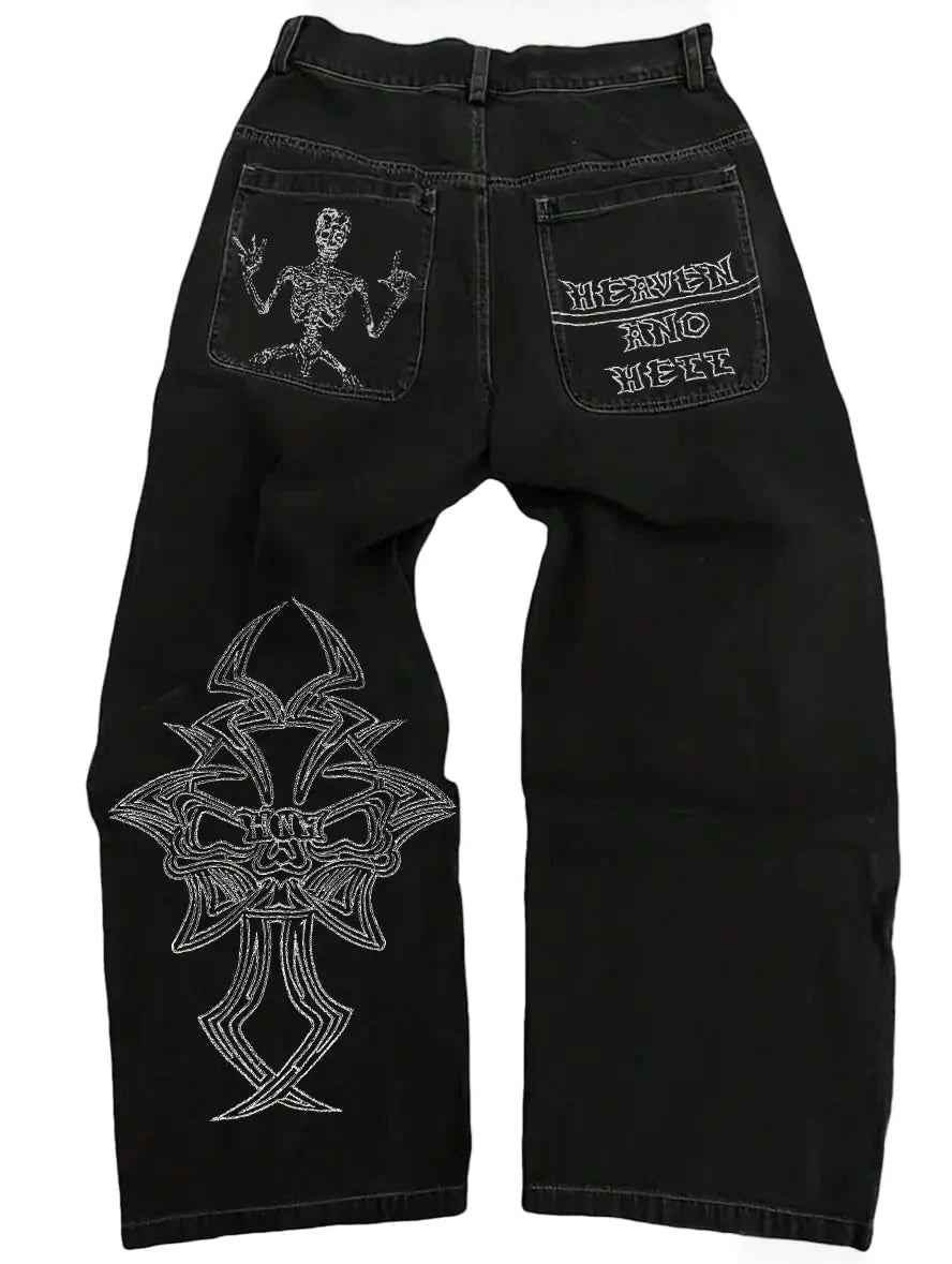 Y2K Beggy Jeans Denim Skull Embroidery Gothic Jeans
