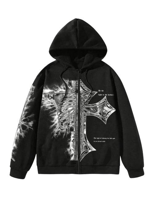 Graphic Zip Up Cross Print Hoodie Y2k