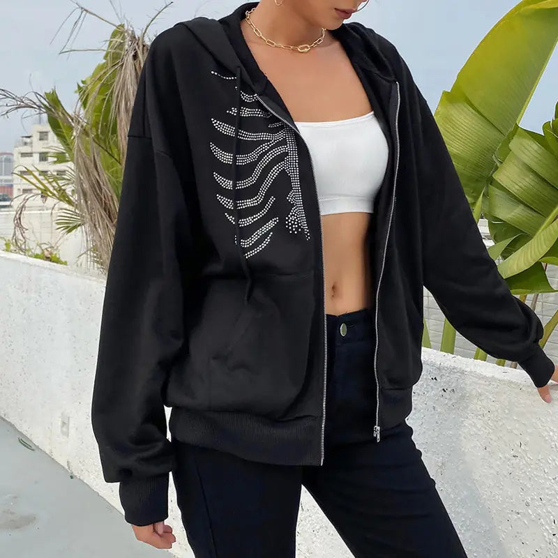 Y2K Rhinestone Skeleton Zip-Up