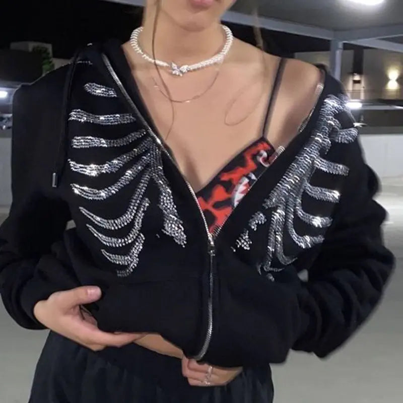 Y2K Rhinestone Skeleton Zip-Up
