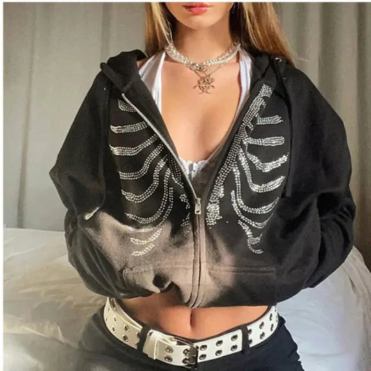 Y2K Rhinestone Skeleton Zip-Up