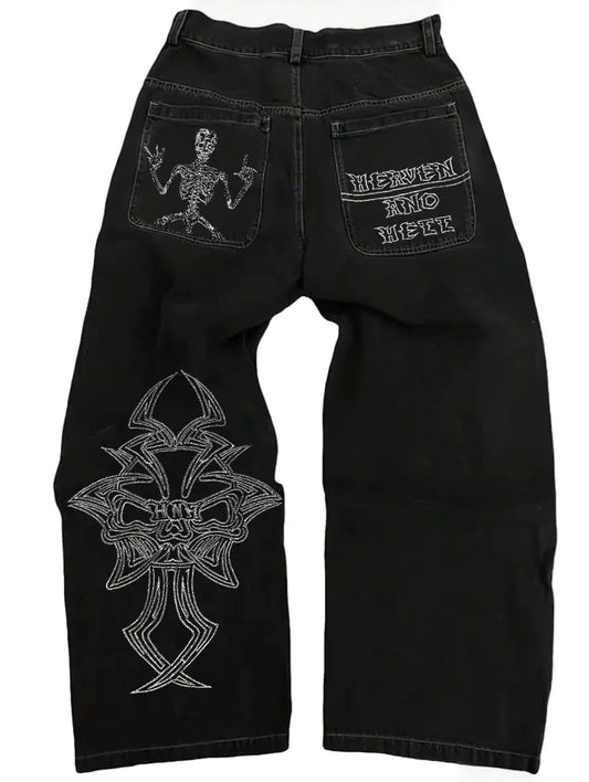 Y2K Beggy Jeans Denim Skull Embroidery Gothic Jeans