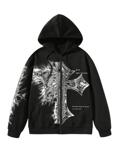 Graphic Zip Up Cross Print Hoodie Y2k