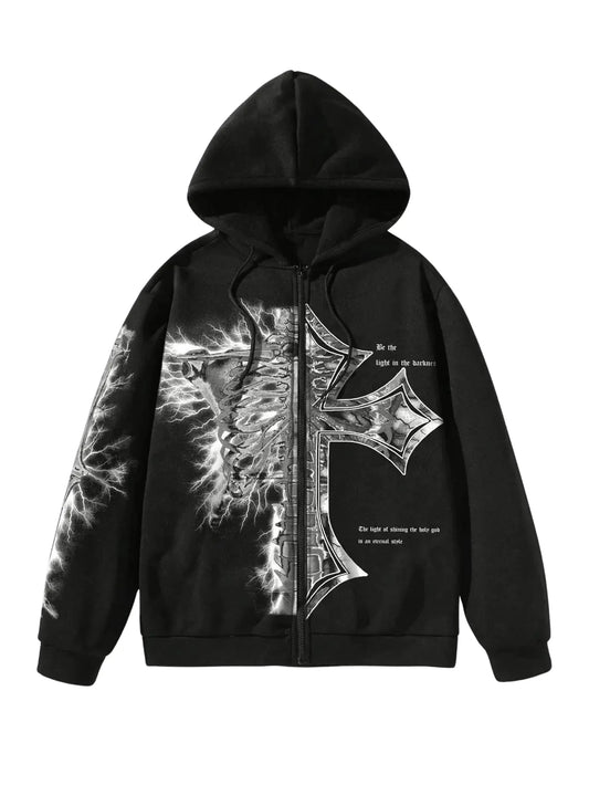Graphic Zip Up Cross Print Hoodie Y2k